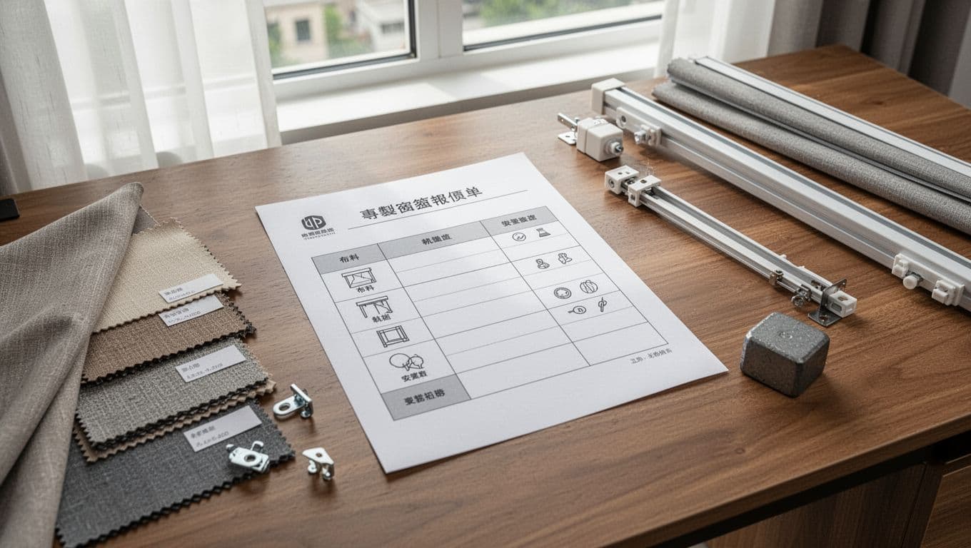 A professional custom curtain quotation sheet in a simple table format with abstract icons for fabric, tracks, and installation lies on a wooden office desk. Surrounded by one fabric sample, track piece, and lead weight, captured from top-down view in a bright home office with natural light, clean modern realistic photo style.