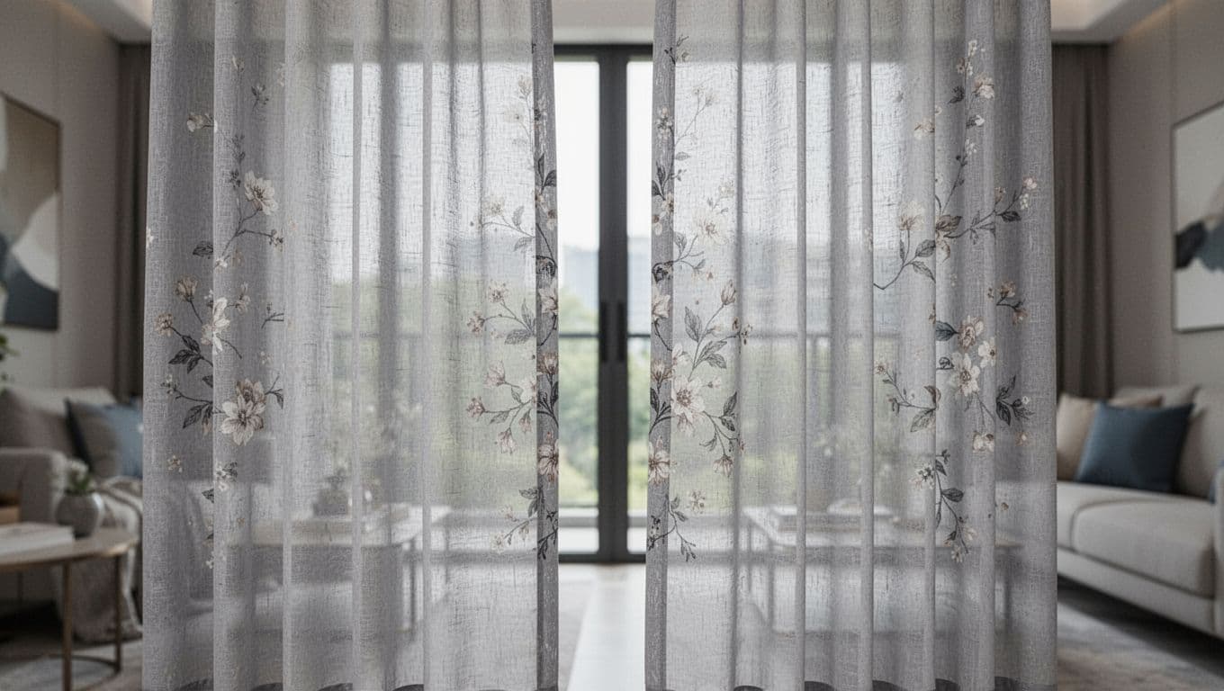 Light gray custom double-panel curtains on a wide window in a modern Taiwanese home, featuring one smooth seam and one perfectly continuous pattern match, with soft pleats and natural light filtering.