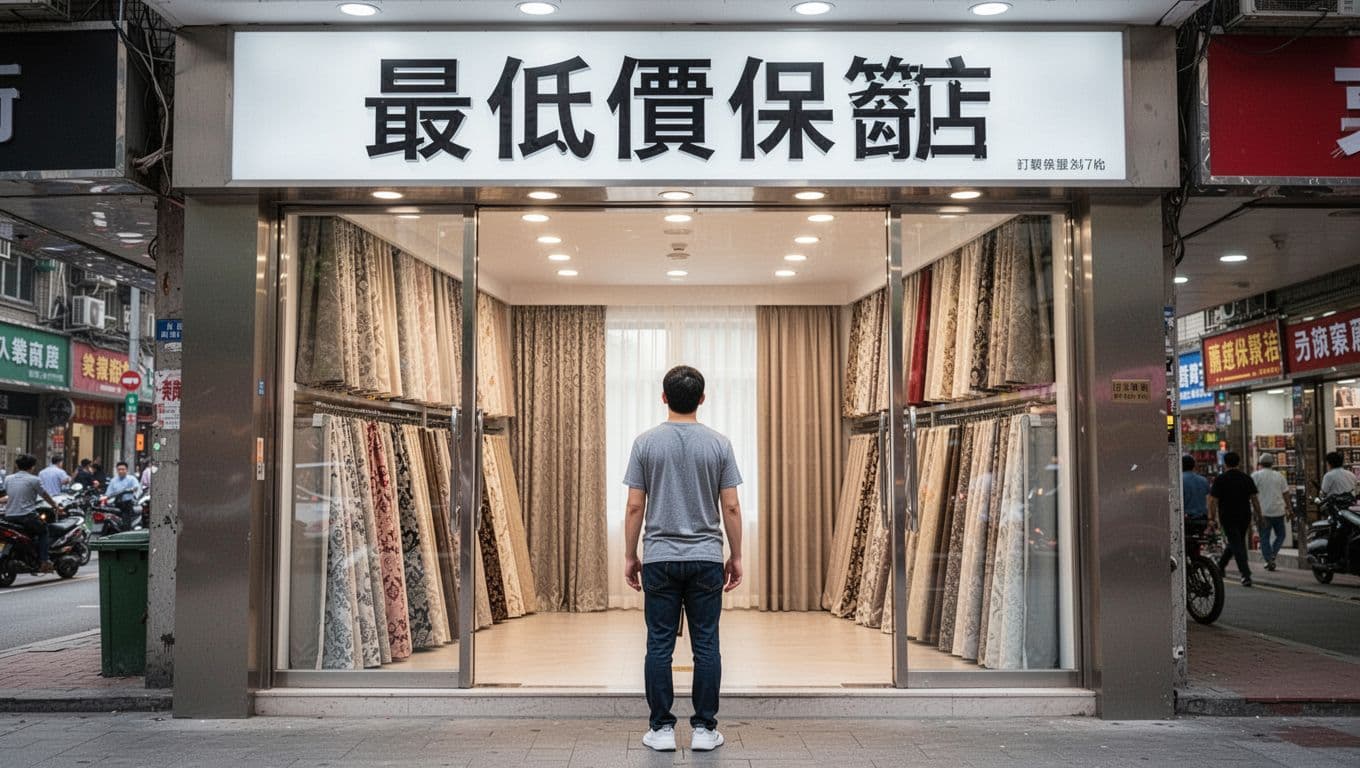 訂製窗簾最低價保證真假怎麼判斷?3步驟避開陷阱 Realistic scene of a custom curtain shop entrance featuring a large 'Lowest Price Guarantee' sign in bold font, with one casually dressed customer standing and looking at it. Brightly lit interior displays various fabrics and curtain samples, set in a lively daytime street atmosphere with high resolution and no distractions.