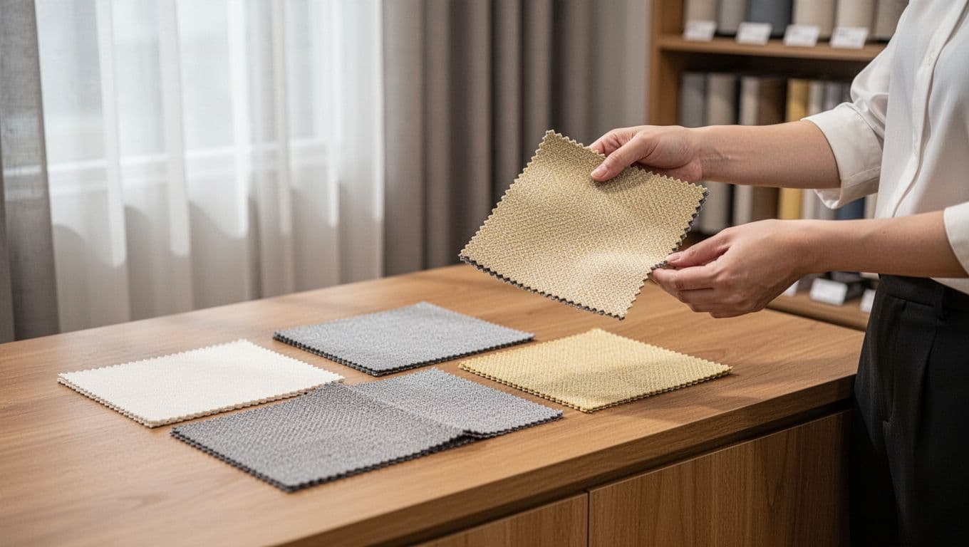 In a bright custom curtain store, four similar polyester blackout fabric swatches in shades like off-white, light gray, and beige are neatly displayed on a wooden counter, with a clerk holding one for viewing. Close-up focus on fabric textures and edges, blurred background of hanging curtains and shelves, professional warm atmosphere.