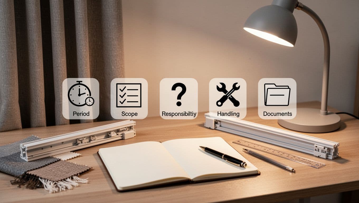 Photorealistic close-up of a custom curtain warranty checklist on a desk in a Taiwanese home, displaying abstract icons for five key points: clock for period, checklist for scope, question mark for responsibility, tools for handling, and folder for documents. Neatly arranged with a curtain swatch, track piece, notebook, pen, ruler under soft lamp lighting in warm, minimalist tones.