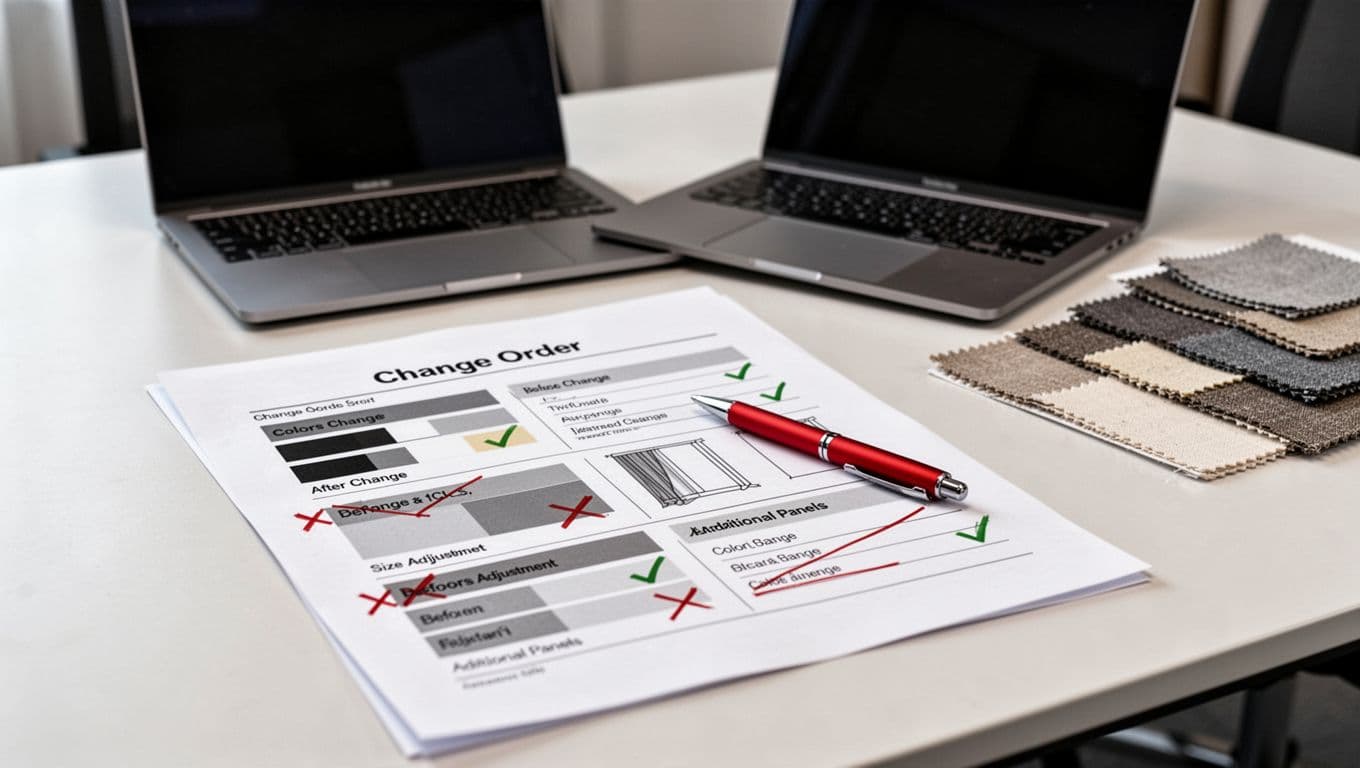 Photorealistic change order document for custom curtains on a modern office desk, displaying abstract before-and-after comparisons for color, size, and panels using placeholders, arrows, checkmarks, and crossed-out sections, with a red pen on top, closed laptop, and fabric swatches.