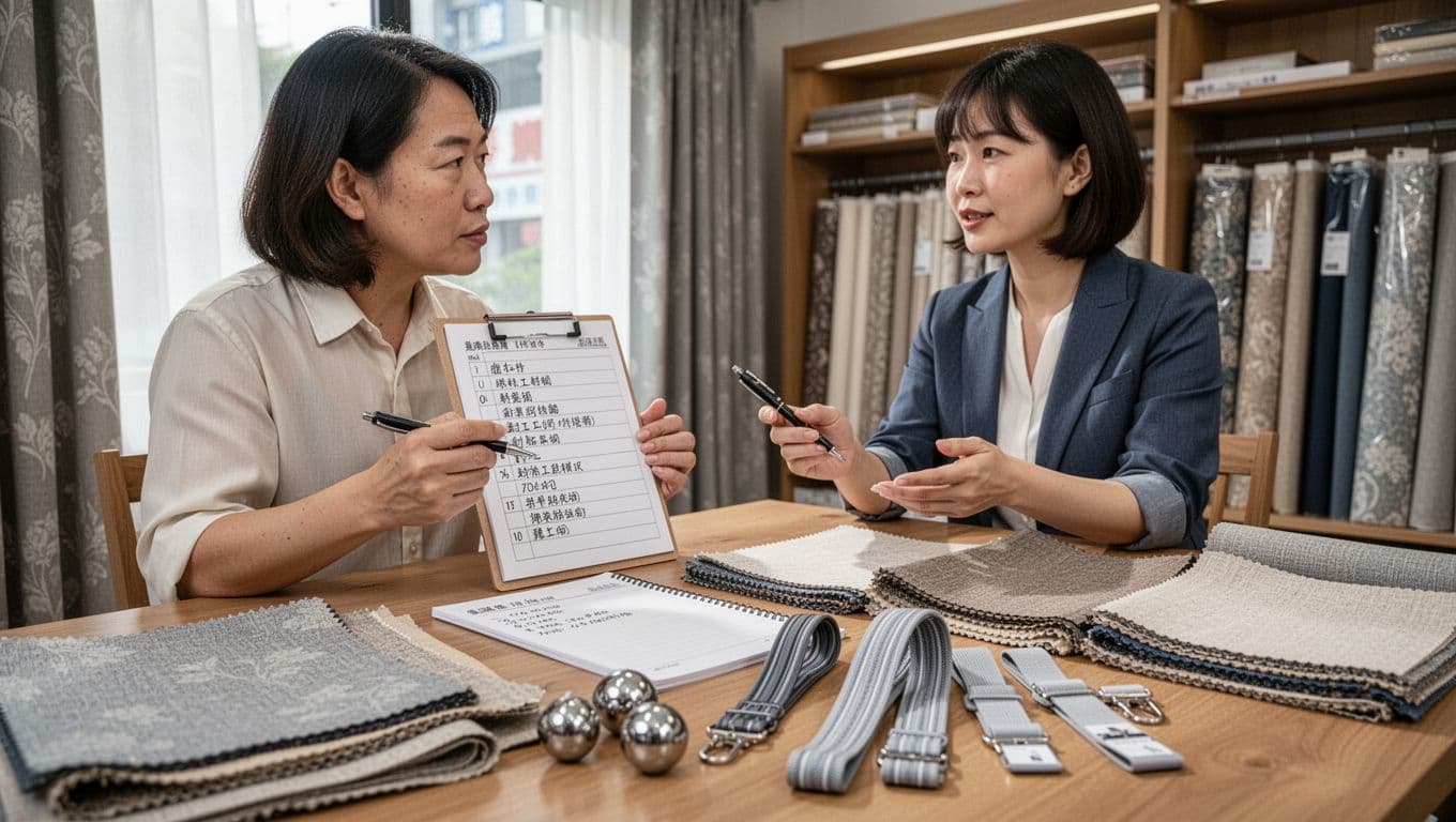 A customer and fabric shop owner intently discuss custom curtain details, with the customer holding a notepad list inquiring about hemming and sewing, while fabric swatches, lead weights, edging strips, and hook tapes are displayed on the table. The photorealistic scene features a bright natural light in the shop environment, focusing on the items and exactly two people with relaxed poses.