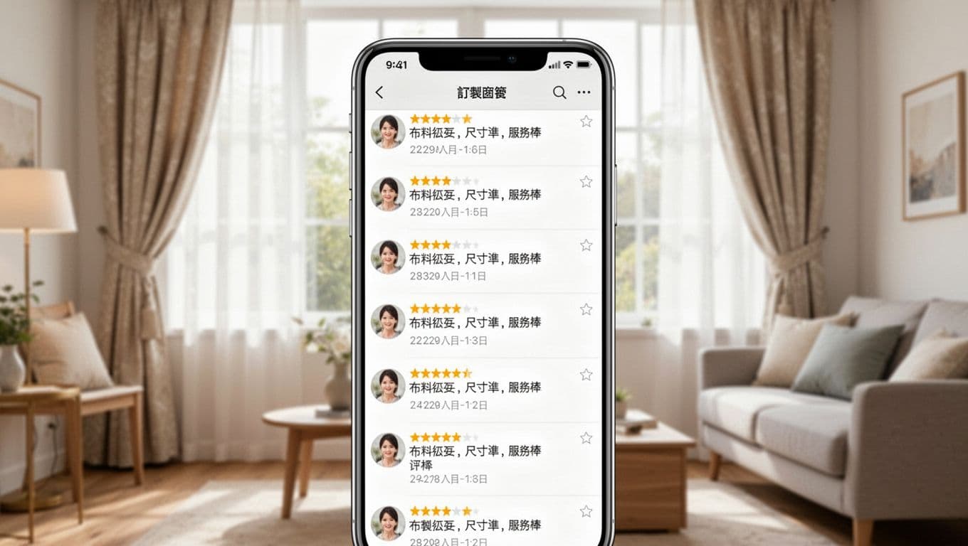 Realistic photo of a smartphone screen showing multiple identical five-star reviews for custom curtains, with timestamps from 8-10 PM on the same day, against a cozy living room background with soft lighting and bright tones.