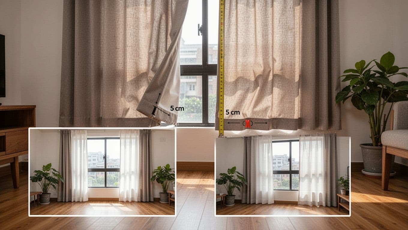 Close-up in a modern Taiwanese living room of custom curtains on a window, one panel short by 5 cm shown with measurement tape and wrinkled fabric. Foreground features buyer's real photo next to stock perfect curtains image, photorealistic with natural light and potted plants.