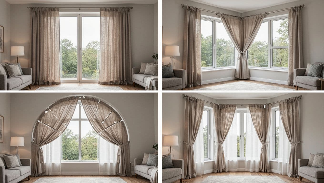 Four-panel collage of custom curtains fitted to floor-to-ceiling, L-shaped corner, curved arched, and bay windows in modern home interiors. Realistic high-detail photos with natural daylight, cozy furnishings, neutral tones, no people or text.