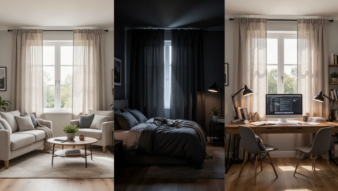Split-scene photorealistic image of three modern rooms featuring custom curtains: light-filtering in the living room, blackout in the bedroom, and anti-glare in the study, emphasizing details like folds and tracks.