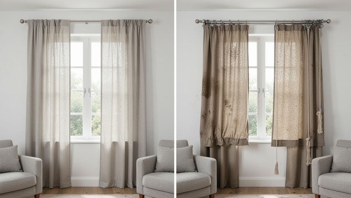 Photorealistic side-by-side comparison of custom curtains on two living room windows: left normal, right showing fabric shrinkage, color fading, bent metal track, and frayed pull cord, against white walls with soft lighting.