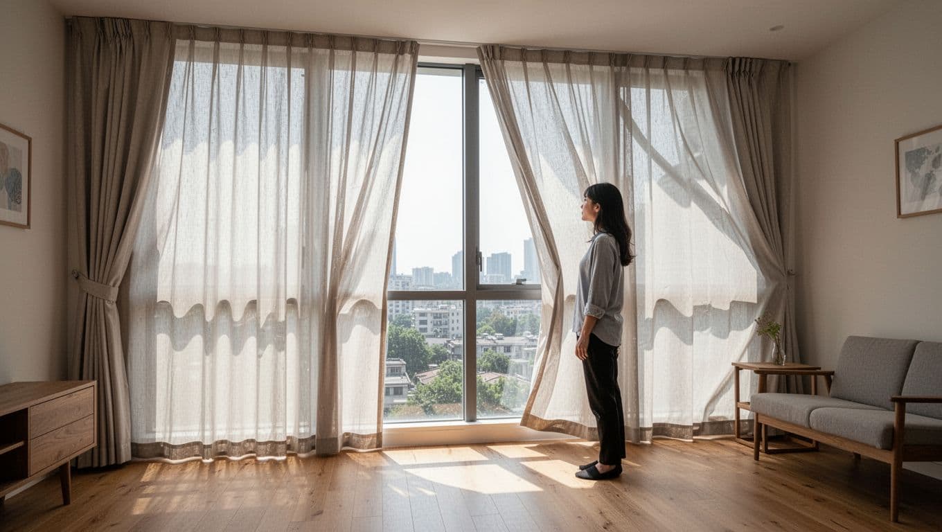 Large floor-to-ceiling window with custom curtains precisely fitted to irregular slanted edges in a simple living room with wooden floors. Half-open curtains let in natural sunlight, one person stands nearby with hands at sides, realistic indoor photography style.