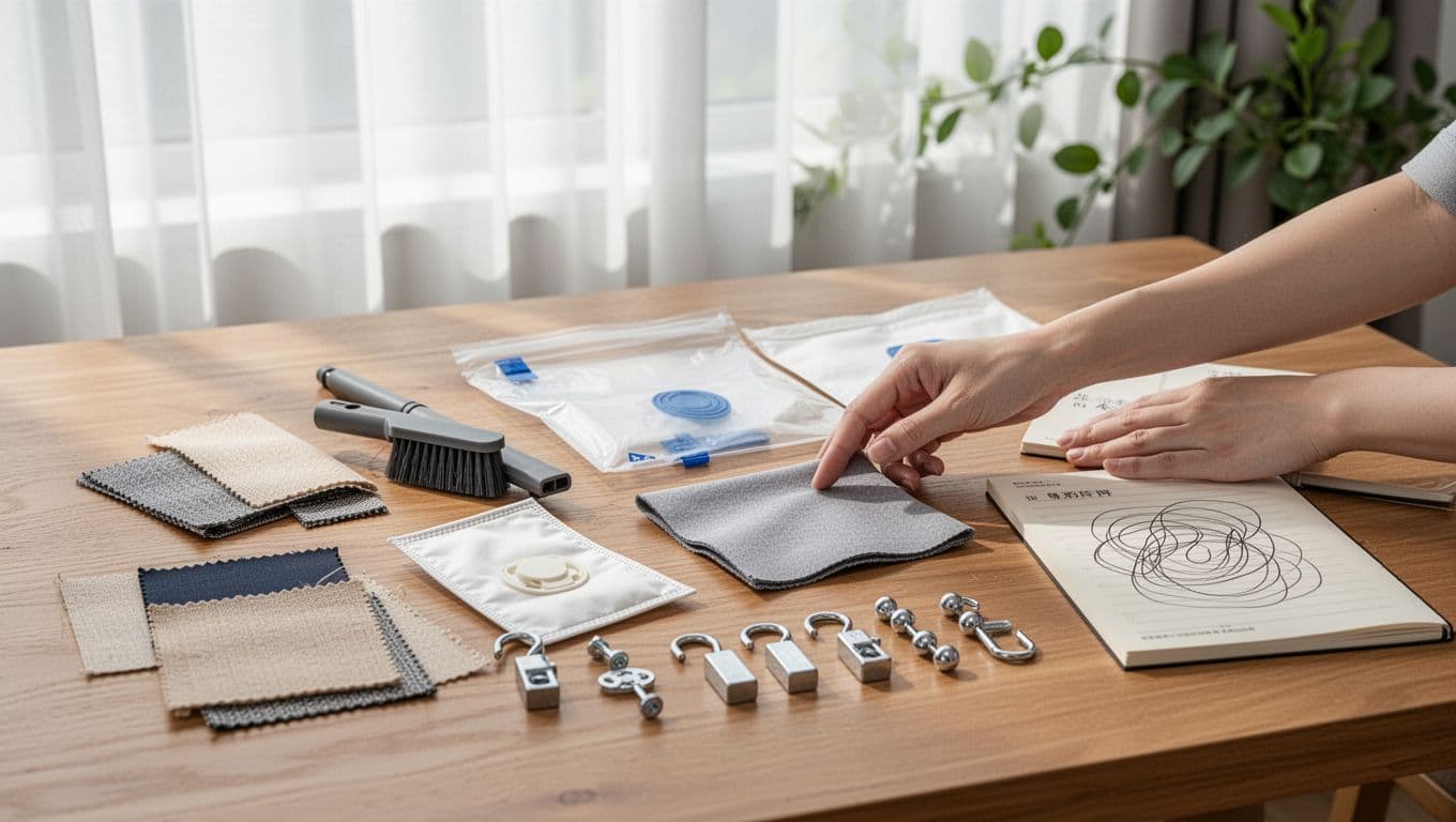 Bright flat lay on Taiwanese home wooden table featuring custom window curtain cleaning, care, and warranty items including fabric swatches, soft brush vacuum head, vacuum bags, dry cleaning bags, track hardware like slide beads, weights, and hooks, neatly arranged with a notebook showing abstract notes and hands lightly touching a fabric sample, blurred background of hung curtains and green plants in natural daylight, clean realistic product photography style.
