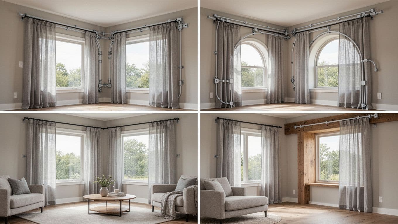 訂製窗簾加價項目表:常見4大類一次清單掌握 Realistic modern living room interior featuring custom curtain tracks on L-shaped corner, bay, curved arch, and recessed beam windows with light gray curtains partially drawn and natural daylight filtering through.