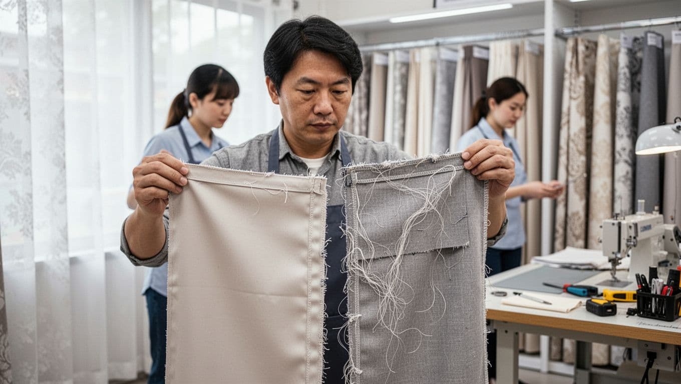A customer in a fabric store examines two curtain fabric samples, one with clean, neat back seams and no loose threads, contrasted against another with messy threads, raised seams, and loose edging. The realistic scene features bright fabric racks, a store clerk in the background, work table, and natural indoor light, emphasizing quality differences.