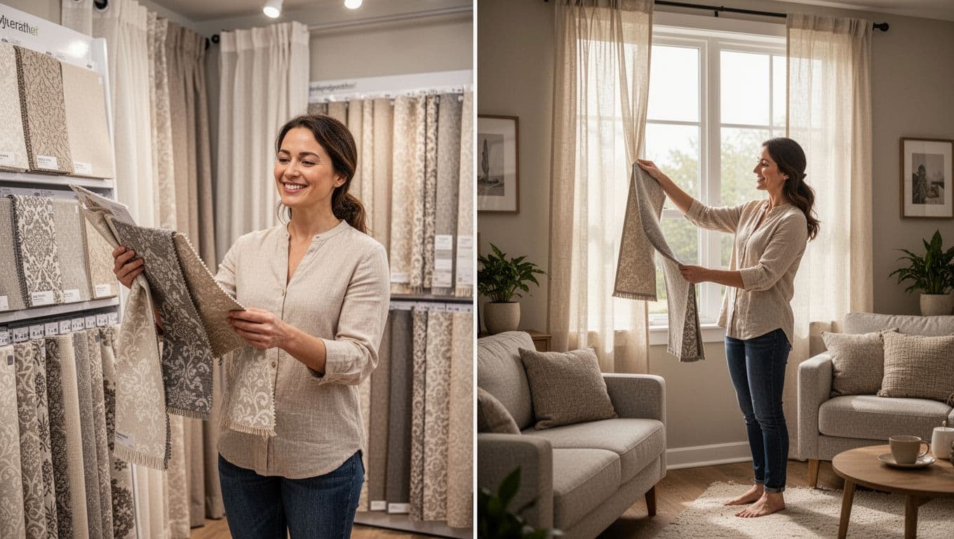 Split composition with a customer examining fabric swatches in a bright curtain store on the left and the same customer at home holding swatches against a window on the right, realistic lifestyle photography.