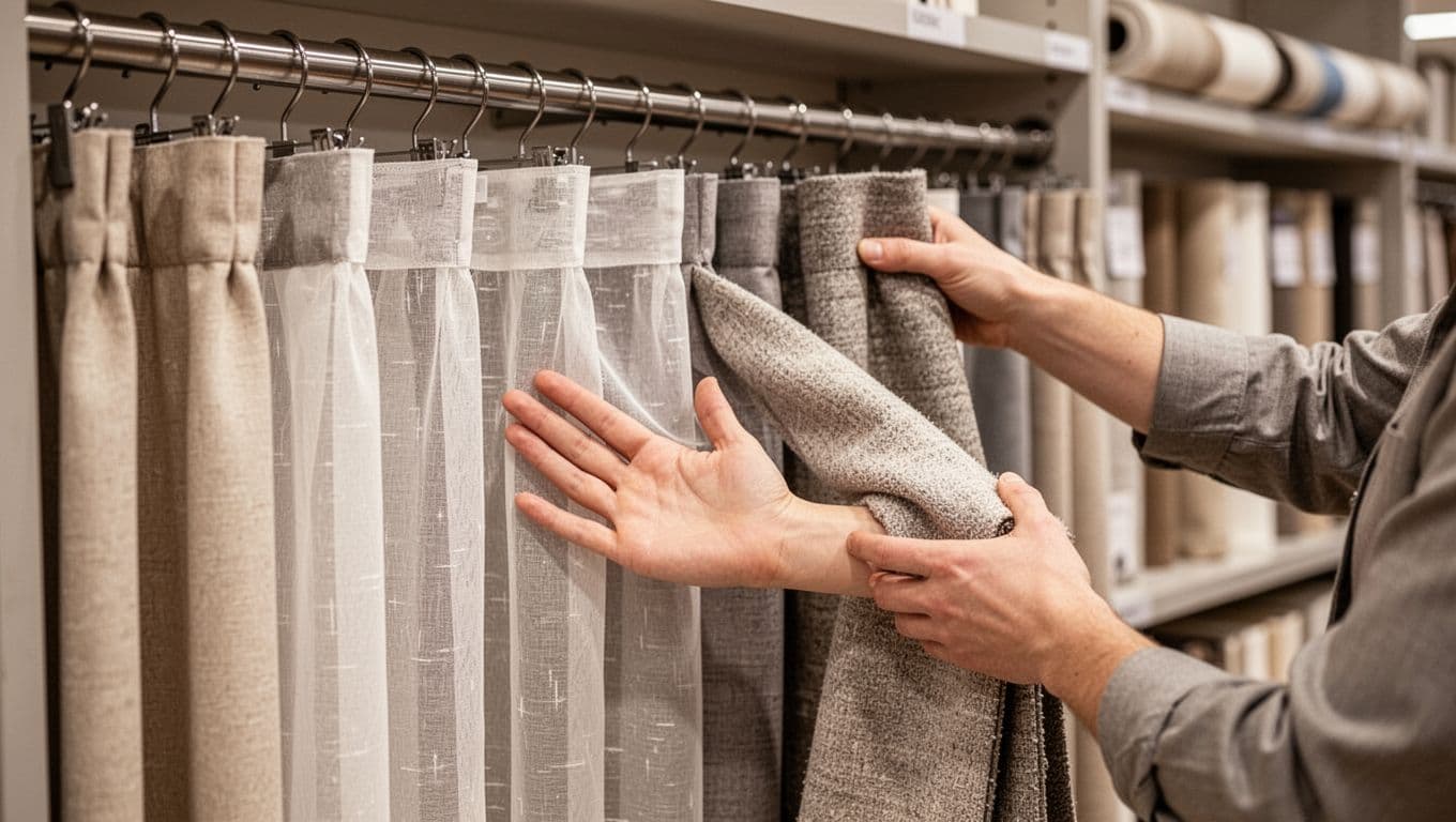 訂製窗簾最低價保證真假怎麼判斷?3步驟避開陷阱 A realistic close-up in a curtain shop shows a customer gently touching a thin, flimsy fabric sample on a display rod with one hand while holding a thicker, high-quality sample nearby for comparison. The lightweight semi-transparent fabric contrasts with the denser one under soft lighting, with blurred curtain rails and rolls in the background.