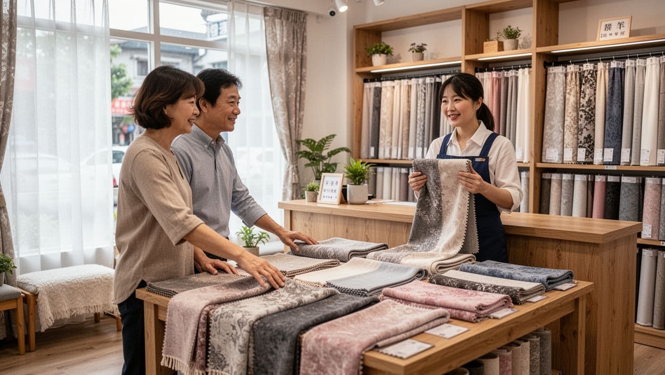 A customer gently feels the texture of fabric swatches on a wooden display table while chatting with a store staff member in a bright Taiwanese curtain store. Cozy interior with shelves of curtain samples and natural daylight from large windows.