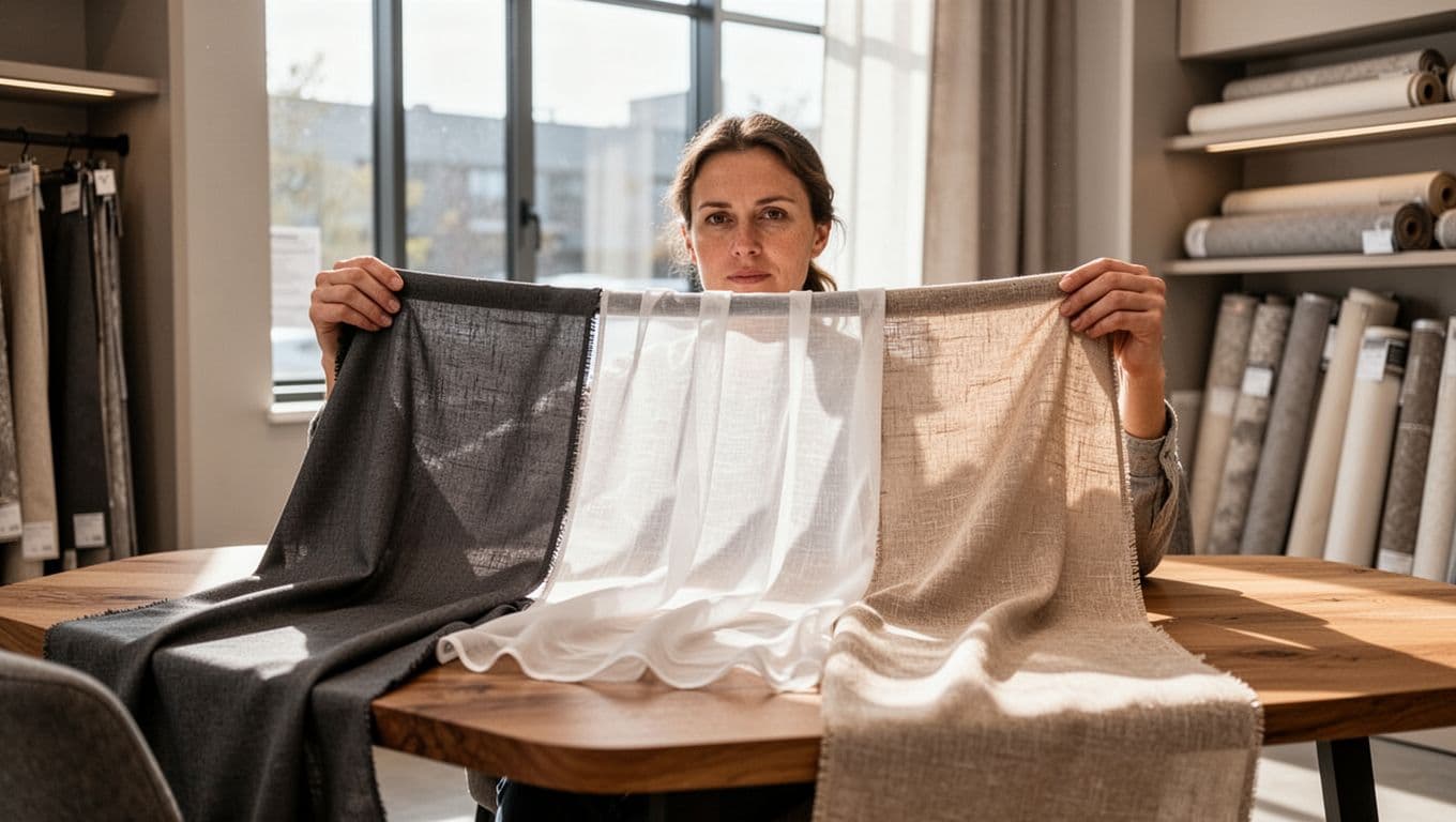 訂製窗簾想控制預算,先決定這 3 件事 A single person seated at a wooden table in a modern fabric showroom holds three distinct curtain swatches: thick dark gray blackout, sheer white gauze allowing light diffusion, and beige textured polyester, with sunlight highlighting their differences in density and weave.