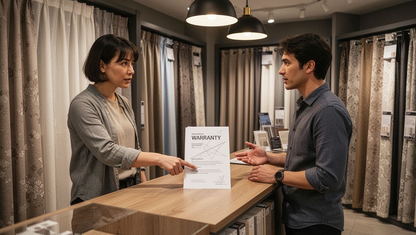 A relaxed customer points at a warranty document on the counter while consulting with a curtain store salesperson, surrounded by curtain samples in a warm-lit showroom.