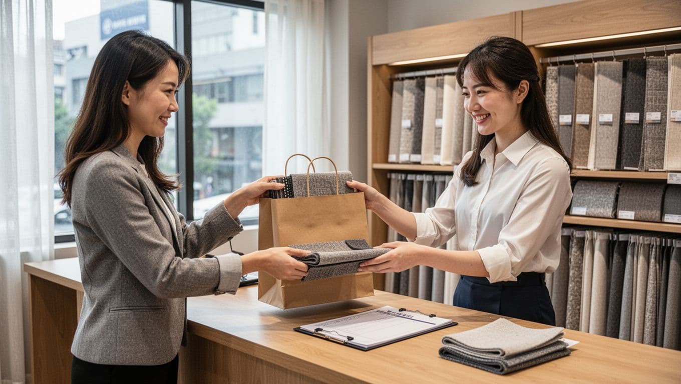 A customer hands a clean paper bag containing fabric samples to a smiling clerk at the curtain store counter, who checks the samples for completeness, with a return logbook on the counter and neat fabric racks in the naturally lit background.