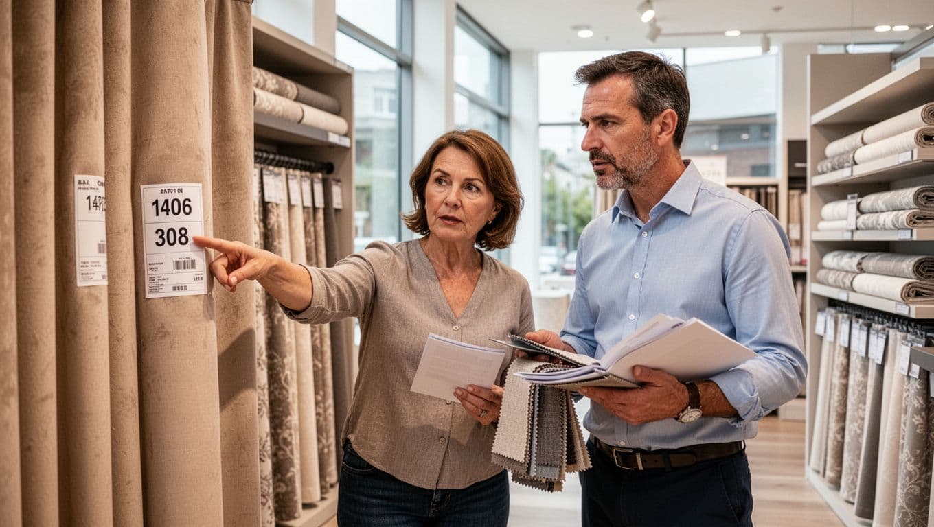 A middle-aged woman customer points confidently at a batch number label on a large roll of beige curtain fabric in a bright modern showroom, seriously engaging with a male vendor in his 40s holding fabric samples and documents.