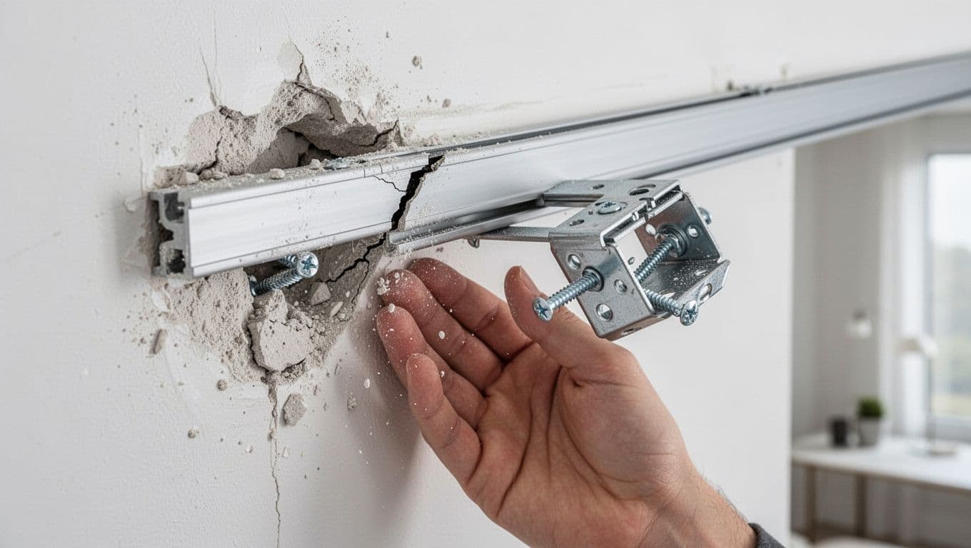 訂製窗簾軌道不好拉怎麼辦?5大常見原因與簡單解法 Photorealistic close-up of a damaged curtain track and loose bracket with screws pulled from a deteriorating wall, showing the risk of complete failure if forcefully pulled.