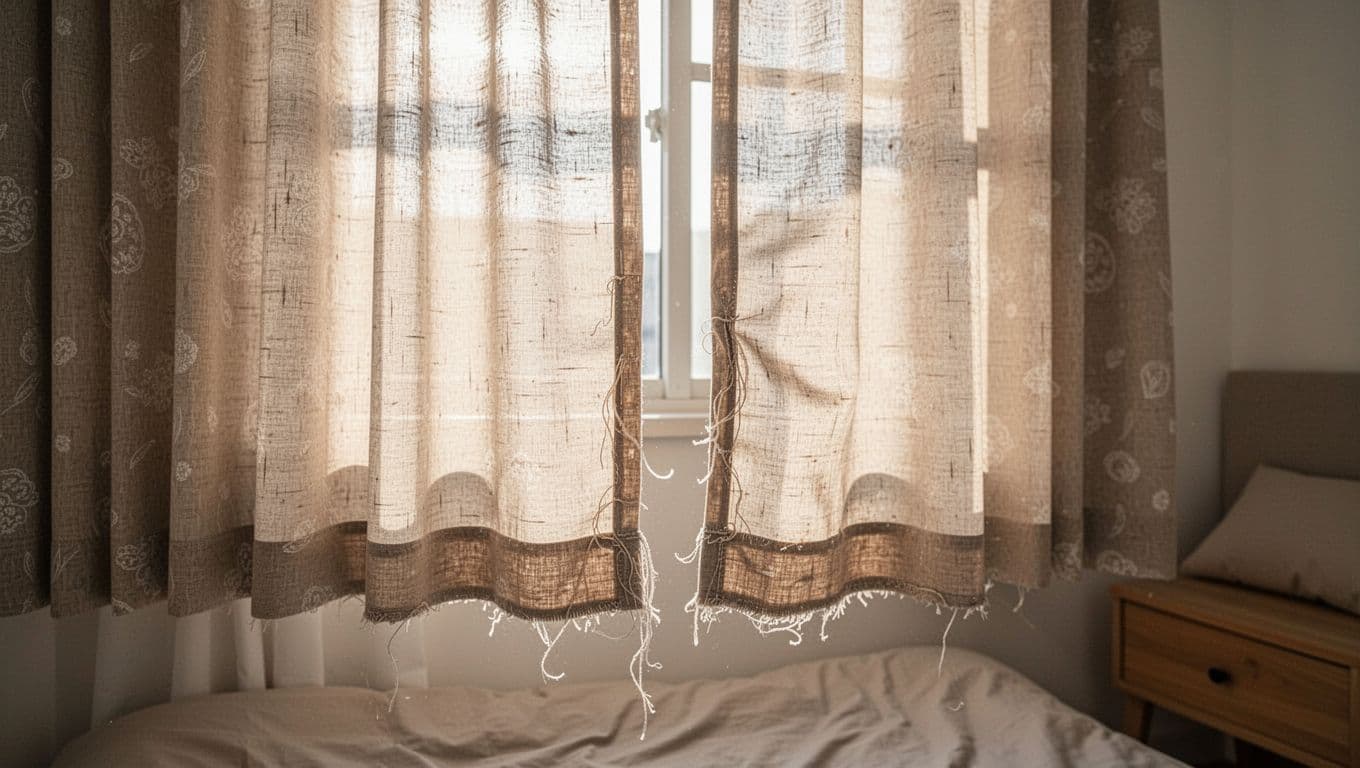 Photorealistic close-up of beige linen curtains on a Taiwanese bedroom window, showing sunlight-faded top edge, shrunk wavy hem, unraveling seams, and unflattening wrinkles in soft morning light.