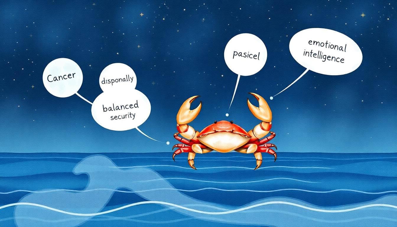 AI 生成的月亮巨蟹座迷思解構圖，蟹走在星空與海洋之間，泡泡象徵迷思，逐步化成正向力量