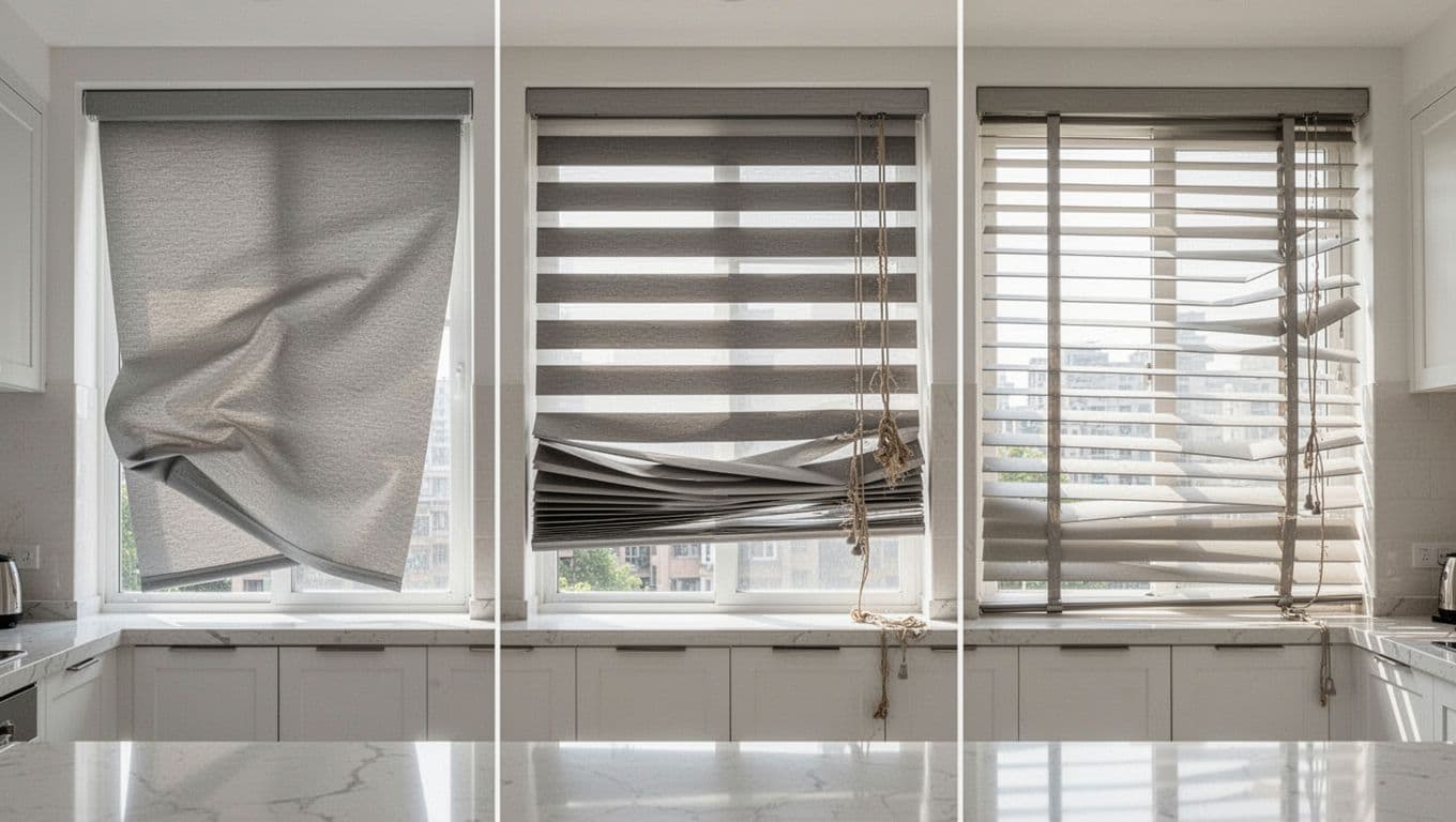 Photorealistic view of a Taiwanese kitchen window featuring three faulty blind types side by side: skewed roller blind with wavy fabric, misaligned zebra blind layers, and deformed venetian blind with worn cord and strings, highlighted by bright daylight against white cabinets.