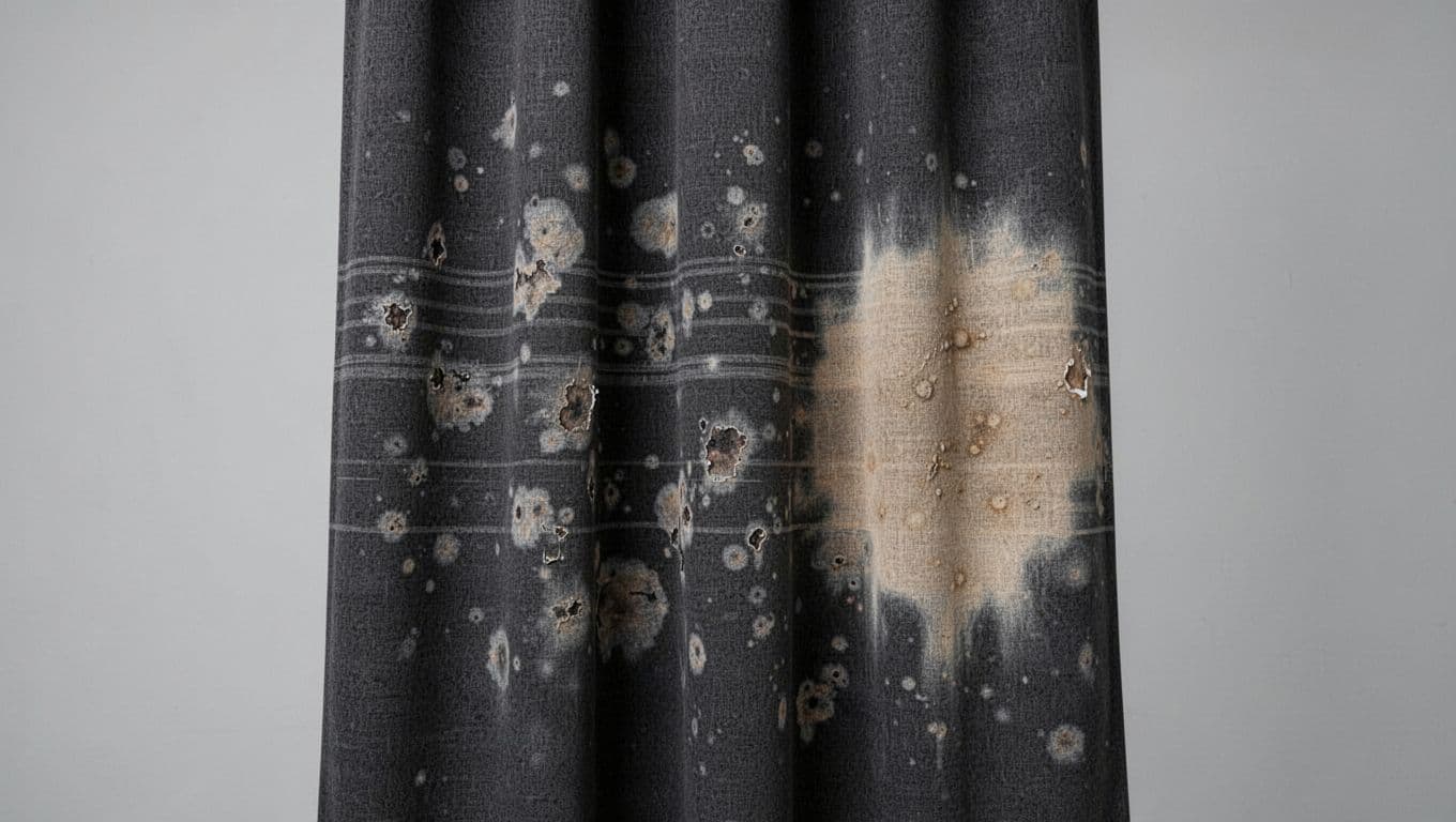 Close-up photorealistic image of a single piece of dark custom curtain fabric hanging vertically against a neutral gray background, exhibiting irregular patchy spots, faint horizontal stripes, and a large faded color block, with high detail on weave and damage textures from uneven dyeing.