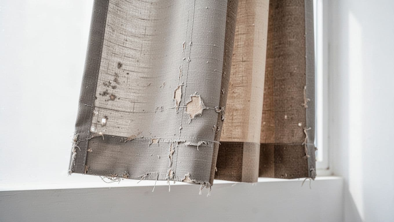 A close-up of a custom window curtain showcasing manufacturing defects: skewed fabric, uneven and broken stitching, peeling coating edges revealing base material, and large color variations forming uneven patches and stripes. The single curtain piece hangs against a plain white wall in realistic photography style with bright natural light and high-detail textures.