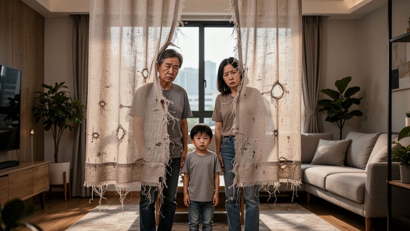 A disappointed Taiwanese family stands in a modern living room before custom curtains that are frayed, with loose threads and slightly too short, exposing window edges.