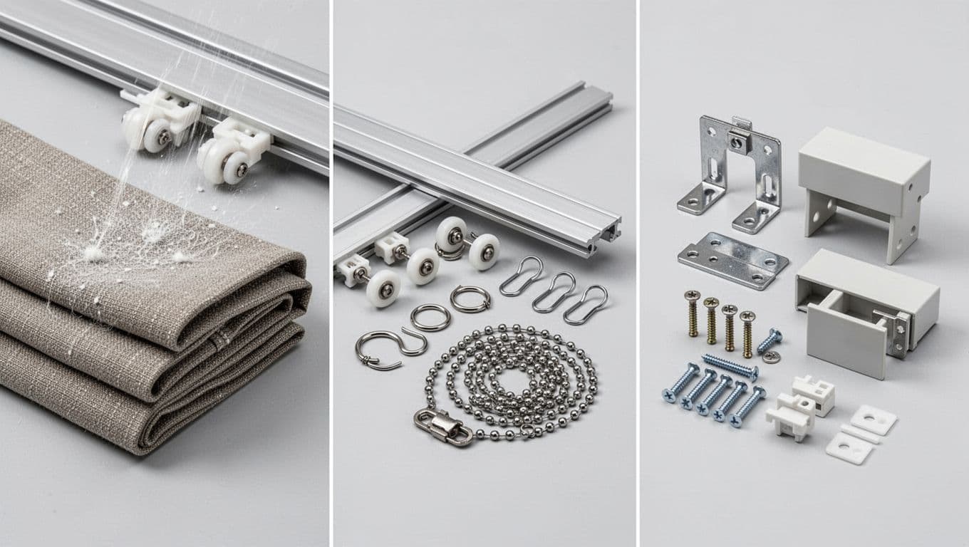 Photorealistic close-up illustration of a custom curtain system disassembled into three parts: textured fabric swatch, metal hardware including aluminum track and wheels, and installation fittings like brackets and screws, arranged on a light gray background.