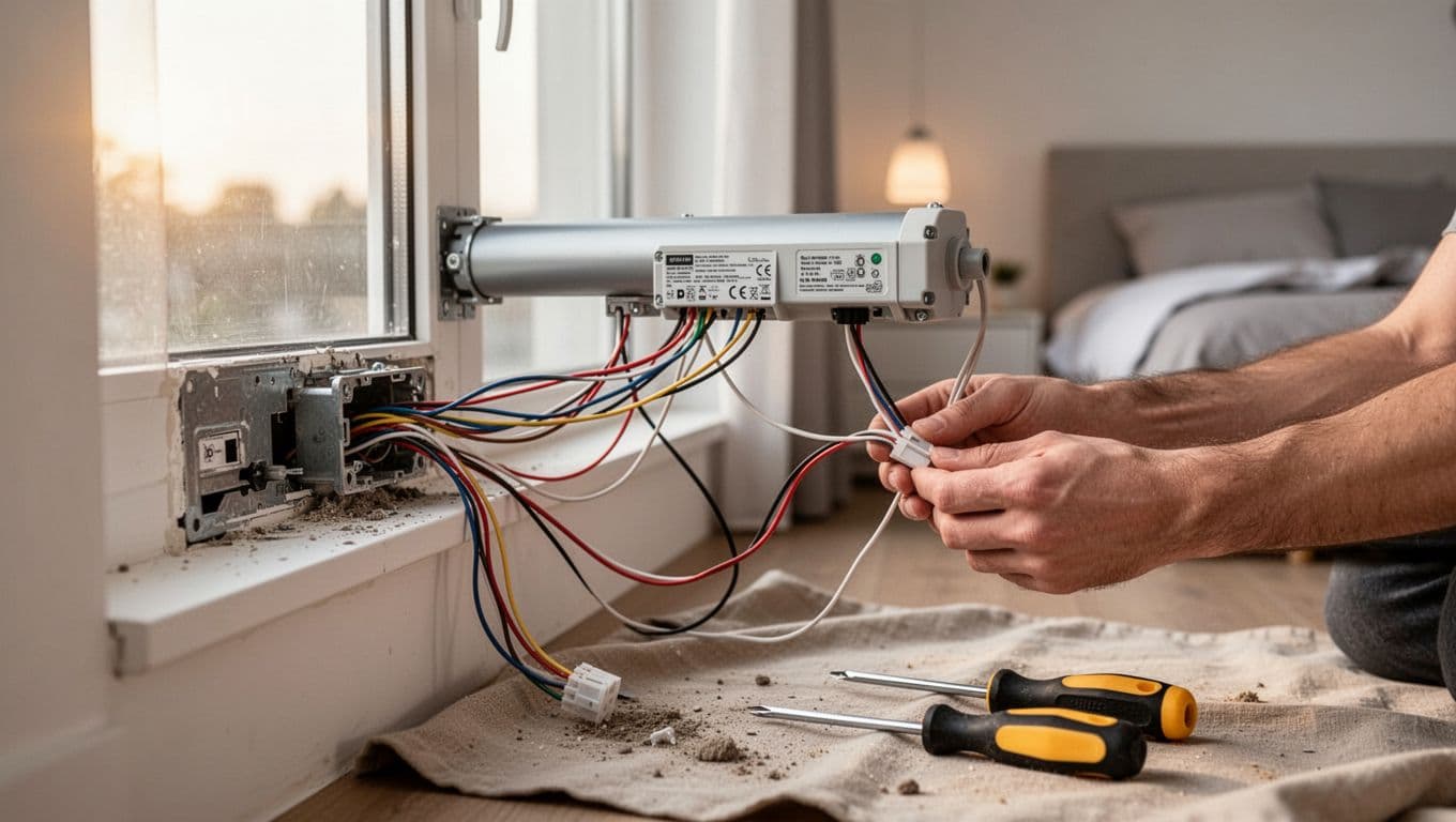 A close-up view of hands carefully disconnecting an electric curtain motor and control box above a bedroom window in a modern home, with power wires and signal cables from a wall recess and tools on a dust sheet.