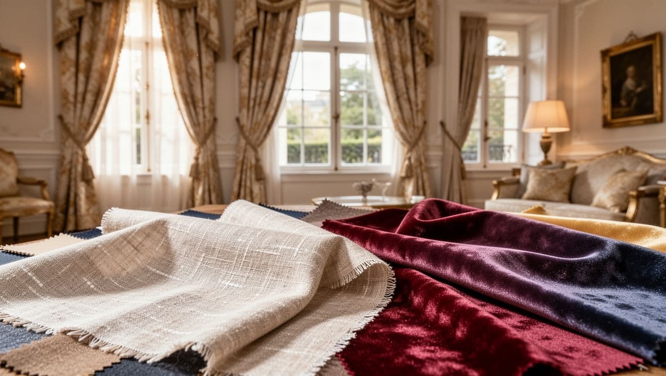 Arrangement of various imported fabric samples showcasing smooth French linen and glossy Italian velvet in the foreground, set against elegant European curtains in a bright living room with soft lighting highlighting textures.