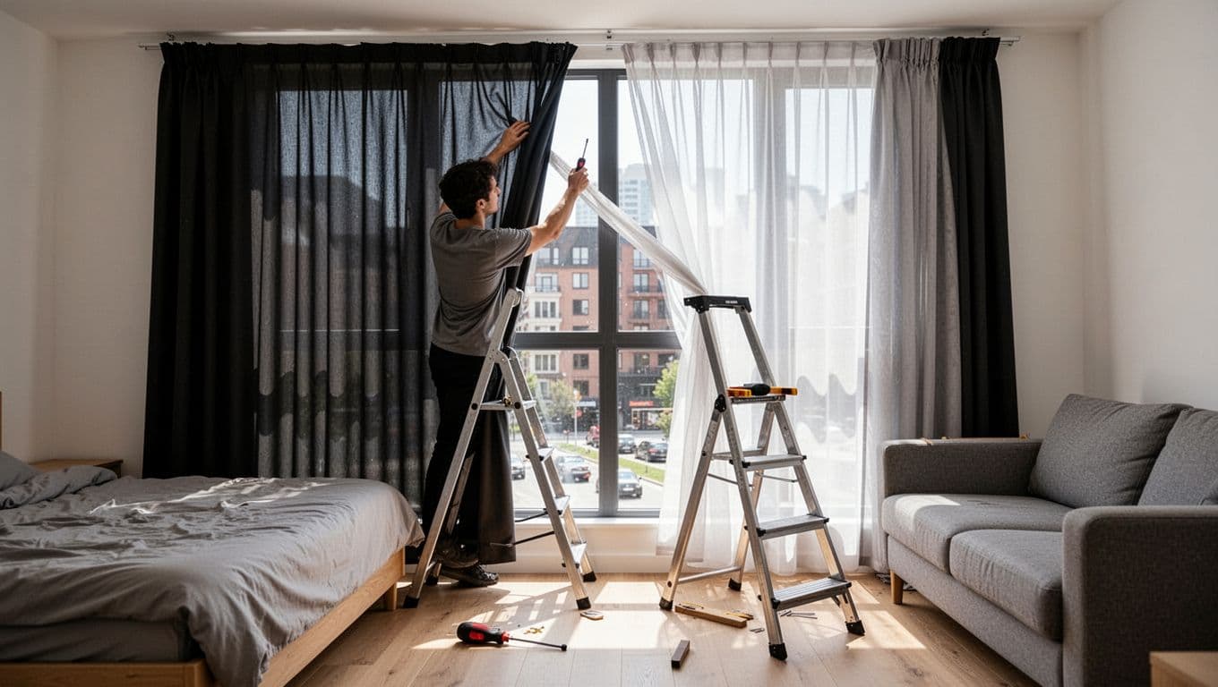 Photorealistic image of one person in a low-floor apartment DIY installing standard-size double-layer curtains (inner blackout and outer sheer) on a window track using a simple ladder and screwdriver. Modern bedroom or living room with natural daylight, urban street view through window, and tools on the floor.