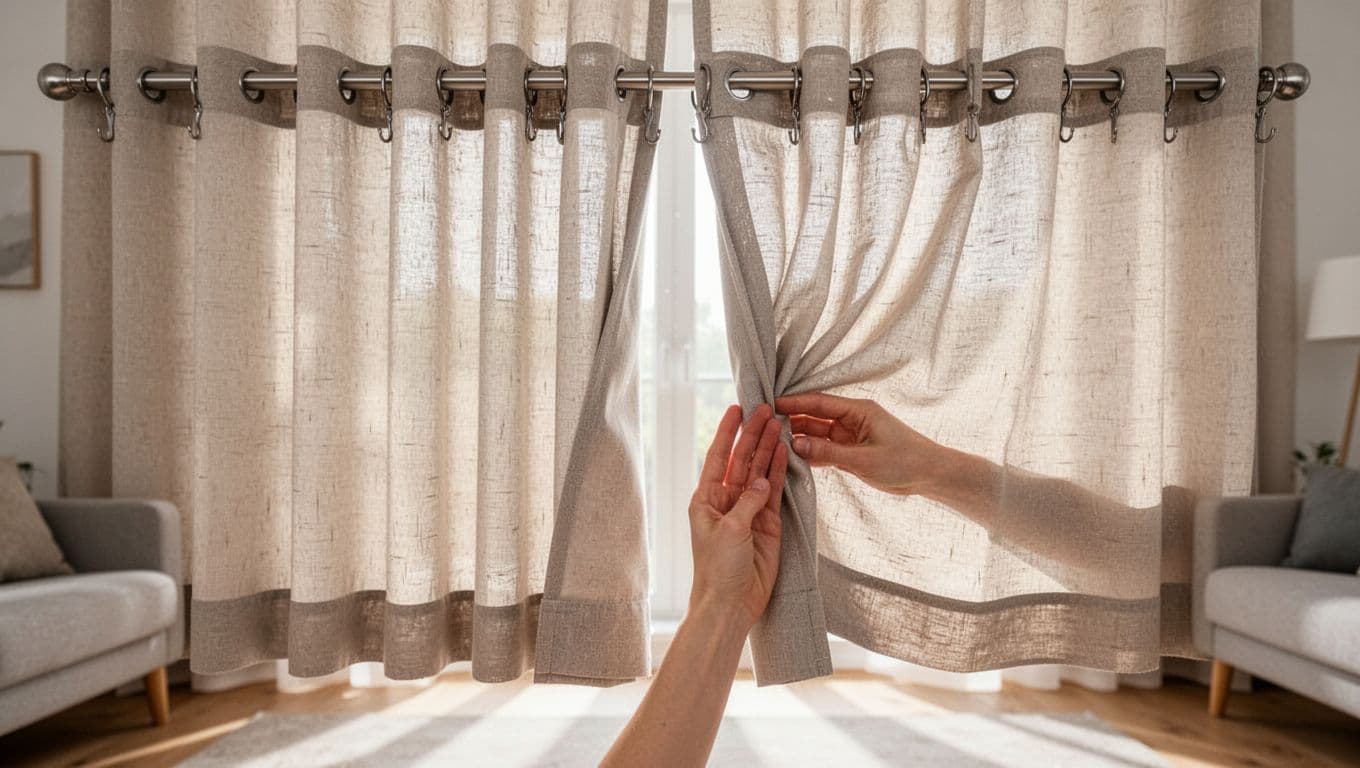 訂製窗簾裝歪怎麼辦?驗收自檢與修法全指南 Photorealistic close-up of double curtain panels partially drawn in a bright living room, left dense hooks every 10cm for even waves, right sparse every 20cm for loose waves, narrow center overlap with light leak, misaligned hems, and one hand adjusting right panel hook.