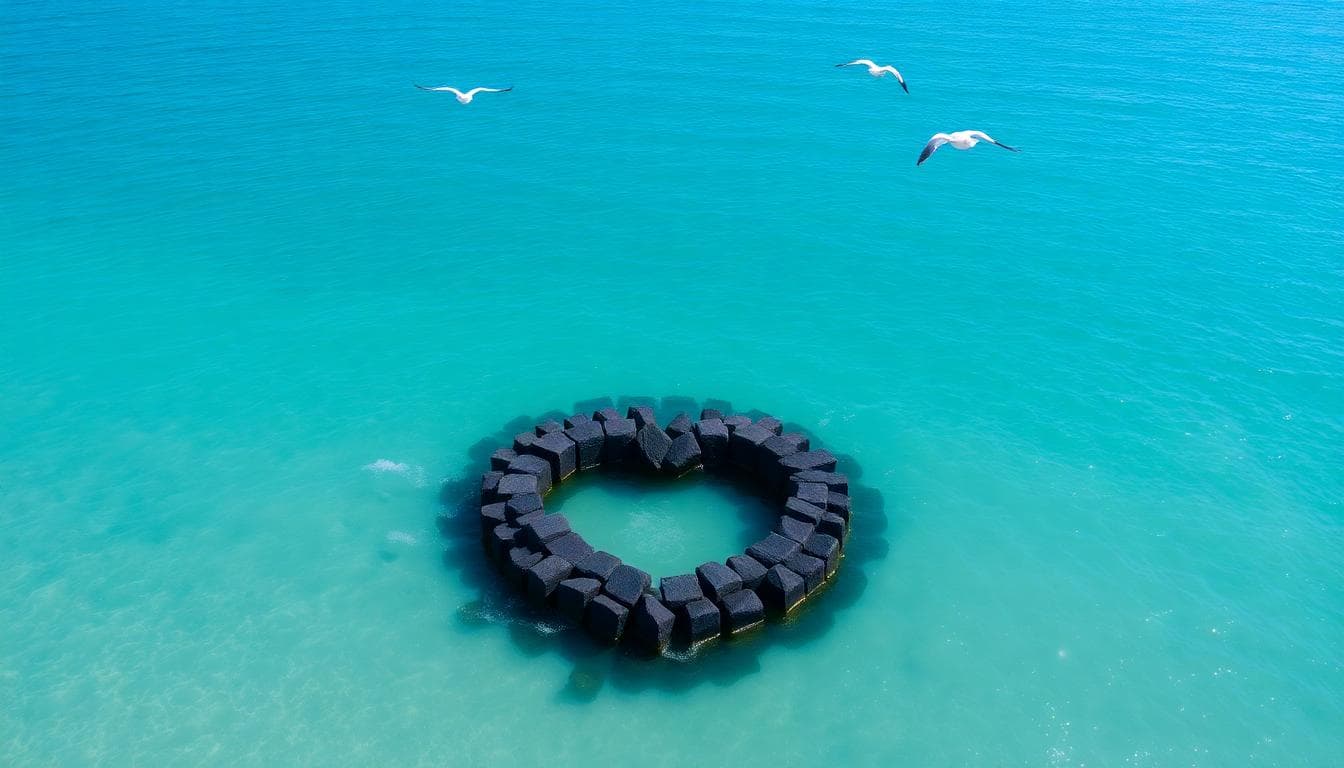 Double Heart Stone Weir on QiMei Island with calm sea and seabirds, romantic and natural scenery