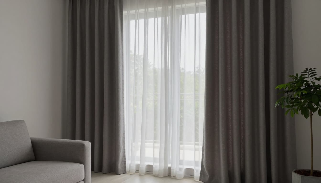 Elegant living room corner with floor-to-ceiling window showcasing outer sheer curtain partially drawn for soft light and inner thick blackout curtain fully closed with visible lining. Modern sofa and potted plant nearby, realistic photo with focus on curtain textures and light effects.