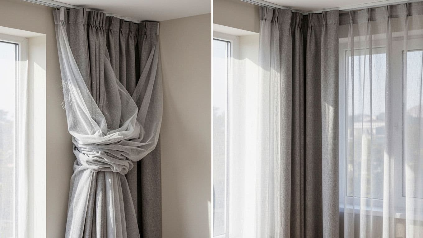 訂製窗簾想簡約?避開俗氣褶子的實用訣竅 Side-by-side close-up comparison of double-layer curtains (opaque and sheer) showing rubbing, bunching, and uneven pleats due to insufficient wall clearance on the left, versus smooth, even folds with adequate clearance on the right.