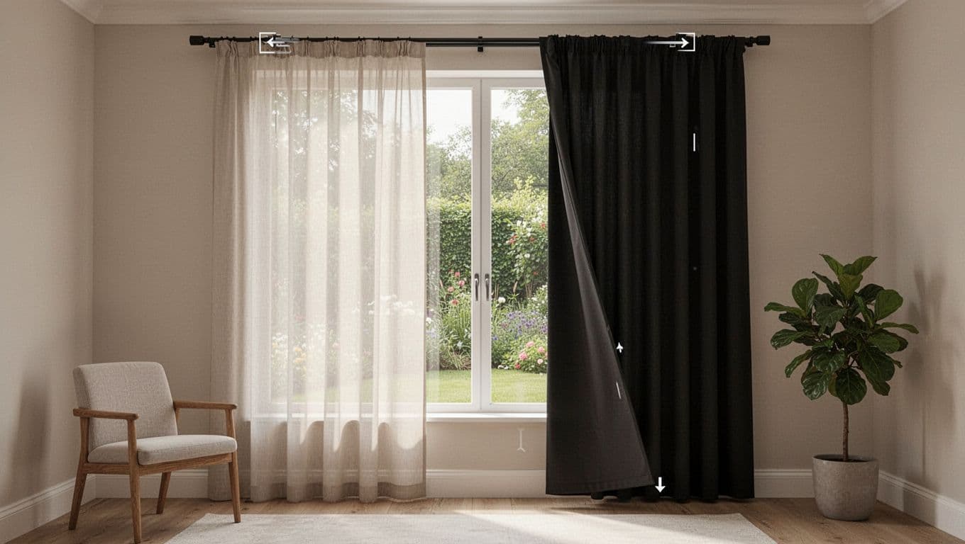 Photorealistic showroom window setup with double-layer custom curtains: outer sheer fabric diffusing garden daylight, inner blackout layer partially pulled on split track, elegant empty room corner.