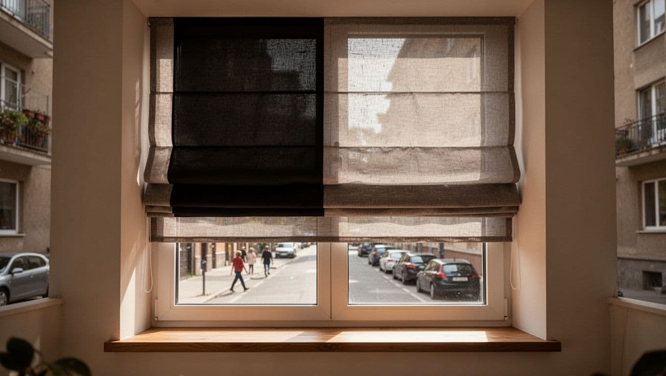 Photorealistic street-level daytime landscape of a small low-floor apartment window with inner thick blackout Roman shade fully closed and outer thin semi-transparent Roman shade partially raised for soft light diffusion and high privacy. Urban street background includes pedestrians and parked cars, with detailed fabric textures and realistic window elements.