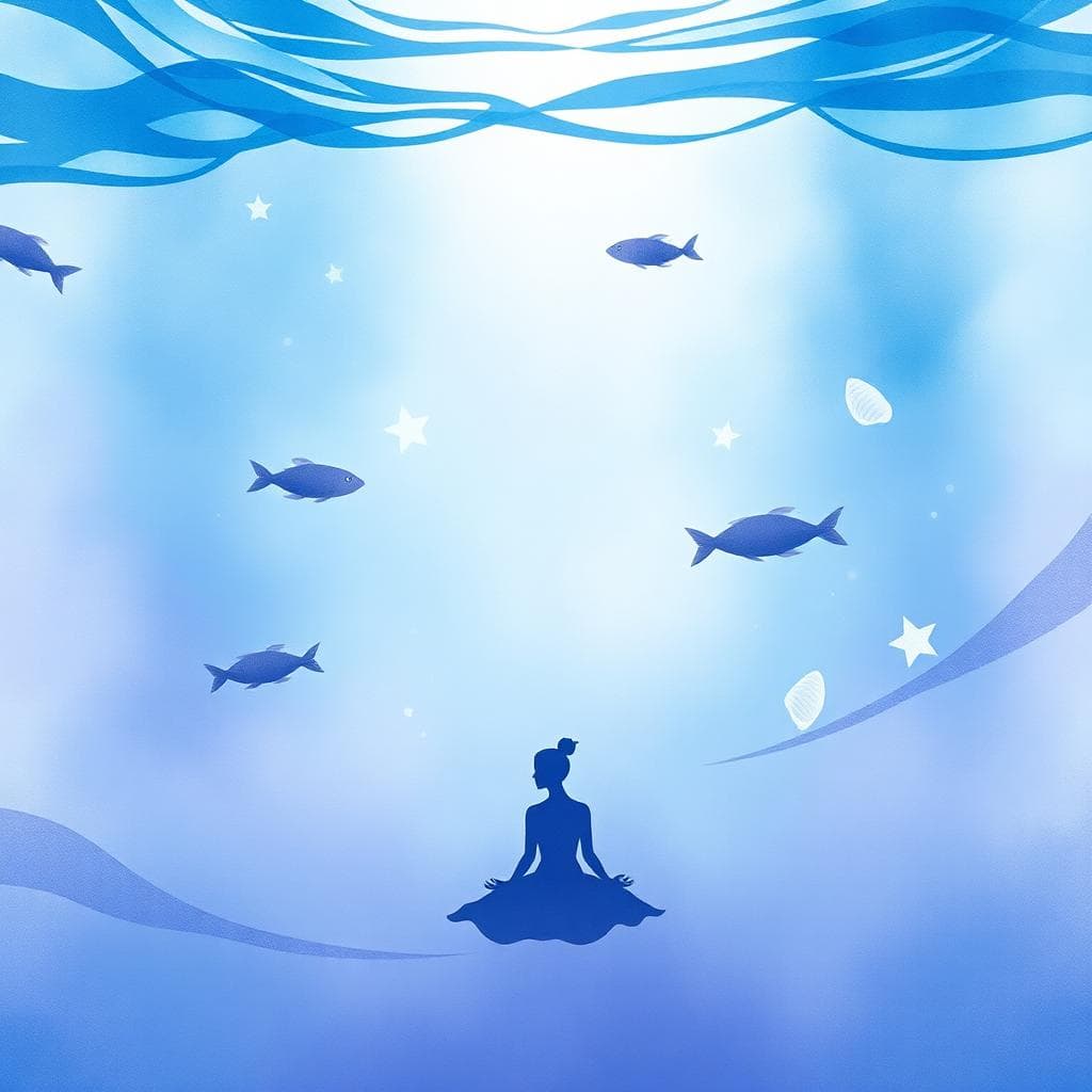 A dreamy underwater world for Pisces zodiac, featuring soft flowing waters in shades of blue and purple, gentle fish swimming gracefully, floating ethereal elements like stars and seashells, a sense of tranquility and romance, foreground with subtle human silhouette in peaceful pose, background fading into misty depths, in a watercolor art style with soft lighting and emotional depth