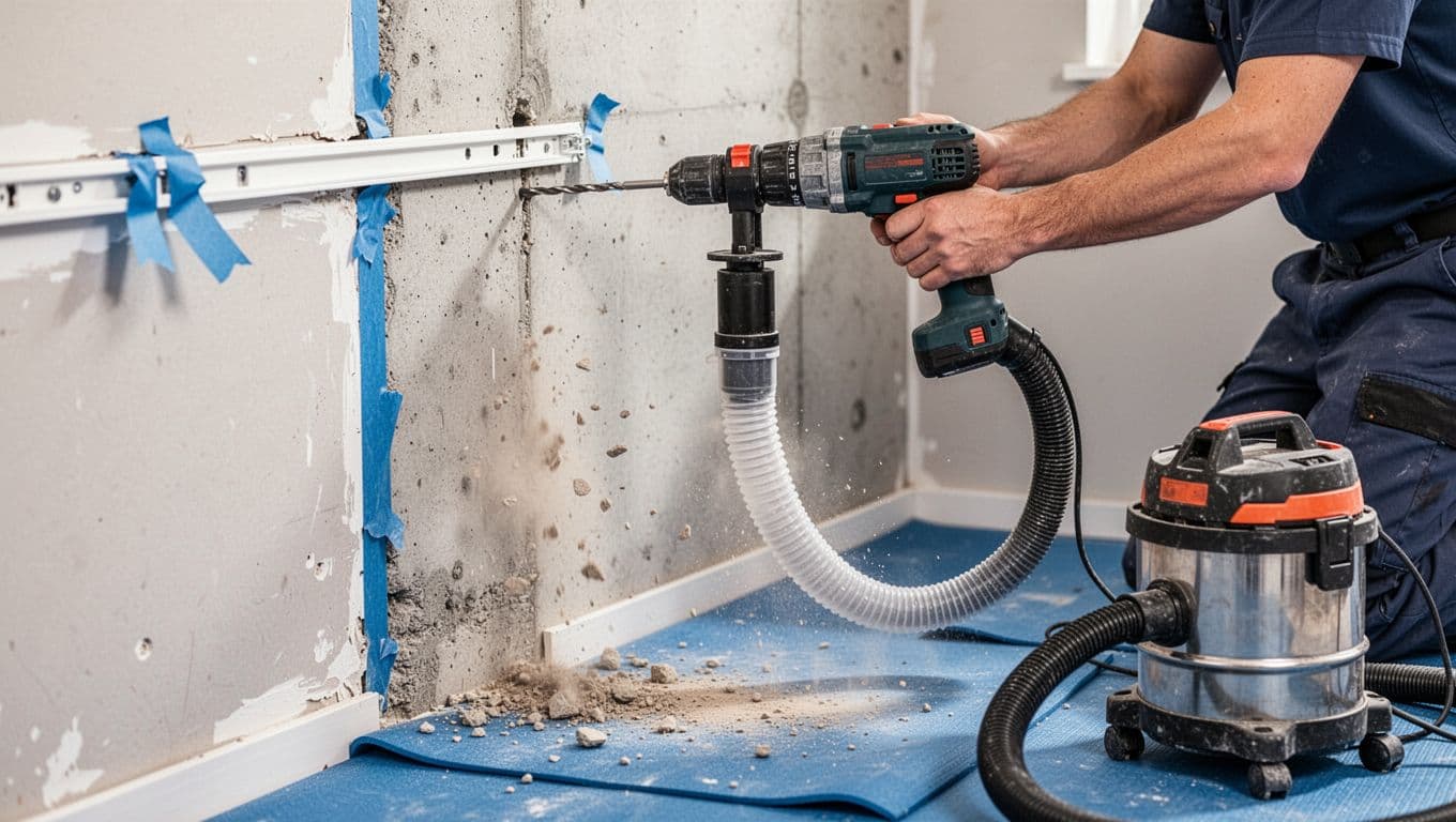 Close-up of a single worker drilling into a cement wall in a home interior for curtain track installation, using a drill with a vacuum dust collection attachment that captures all debris in real-time. Protective mats cover the floor, walls are taped, and no dust escapes, highlighting a safe and clean process.