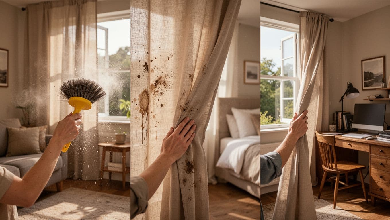 訂製窗簾不同房間要花多少?客廳臥室書房估算全指南 Warm realistic scenes across living room, bedroom, and study showcase durable, easy-to-clean curtains with relaxed hands lightly brushing dust, naturally hanging fabric, and smooth-pull mechanisms. Fabrics highlight resistance to humidity and stains under natural daylight and breeze, creating a cozy inviting mood.