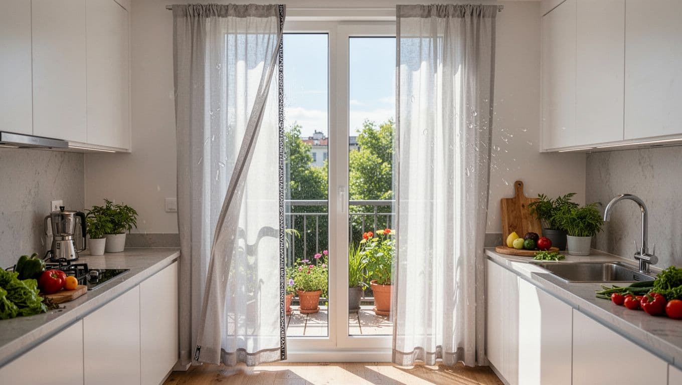 Bright kitchen area adjacent to a sunny balcony featuring custom curtains with reinforced edging for humidity and strong UV exposure. Curtains have clean, wear-resistant seals, straight hems, and hang perfectly without fraying, with modern counters, fresh vegetables, sink, and balcony plants visible in photorealistic vibrant daylight.