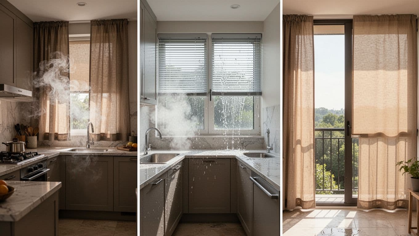 Contemporary empty kitchen, bathroom, and balcony spaces featuring specialized durable window treatments: oil-smoke tolerant fabrics by the kitchen stove window, water-vapor proof blinds in the bathroom, and sun-fade resistant shades on the balcony. Unified color tones and hardware with practical, easy-to-clean surfaces, natural light, and hints of humidity in a realistic landscape photo.