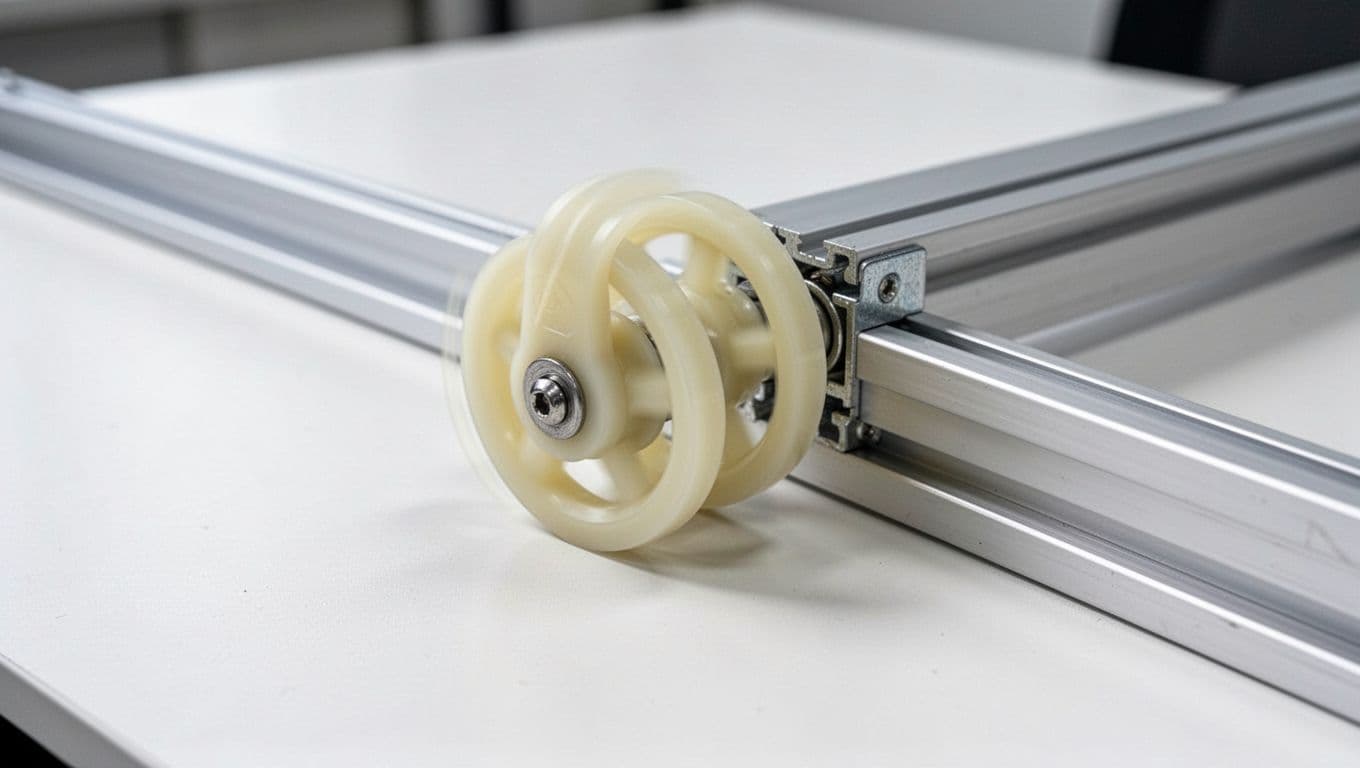 Realistic close-up view of a durable nylon curtain pulley featuring a large smooth 25mm wheel with stable rotation axis, placed next to a clean aluminum track on a white table under bright indoor lighting. Professional product inspection style focusing on wheel texture and subtle motion blur, with exactly one pulley visible and no people or extra objects.