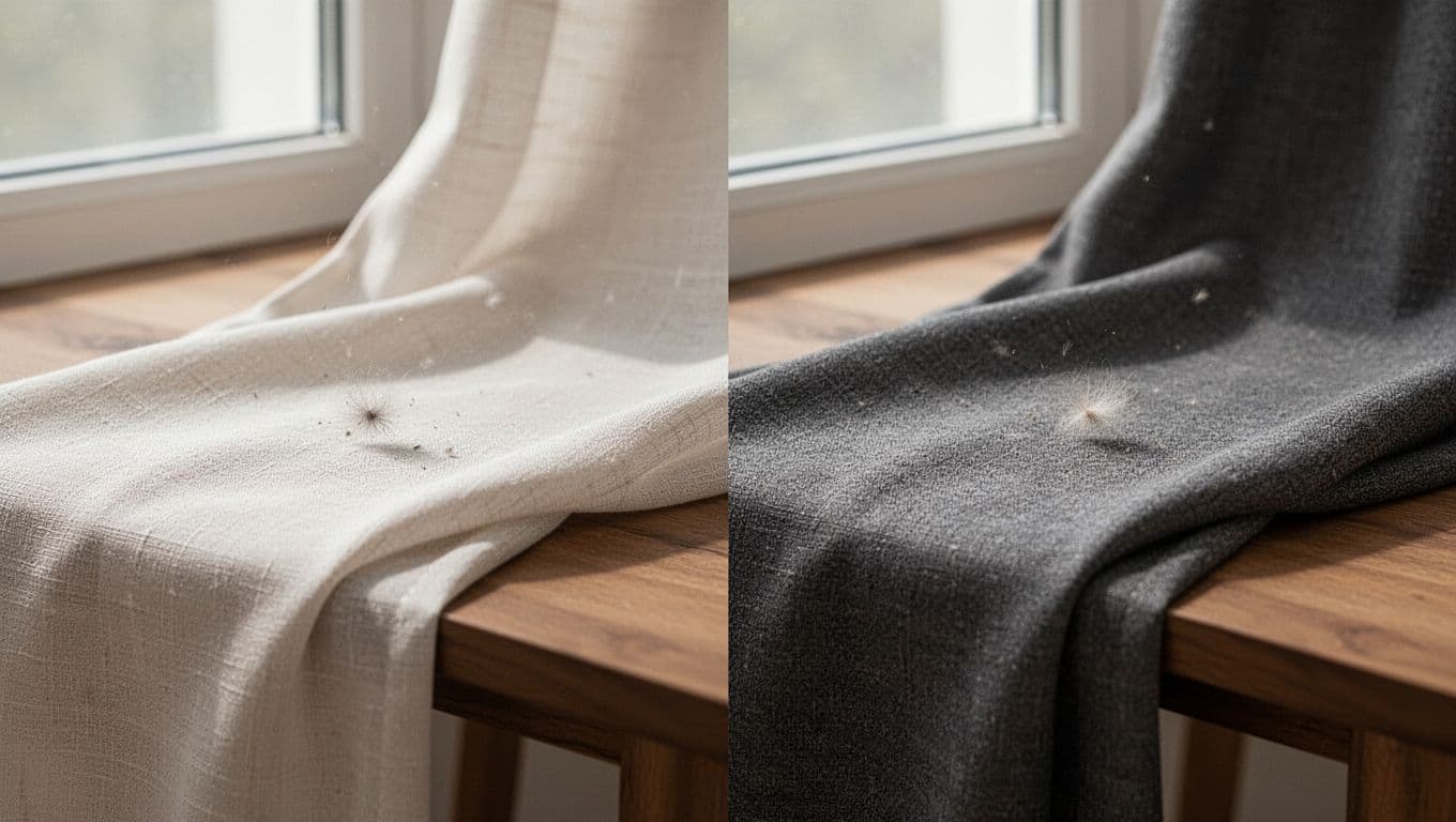 Close-up side-by-side comparison of a small dust particle sharply visible on light beige curtain fabric and nearly invisible on matching dark gray fabric, draped over a wooden table under natural daylight.