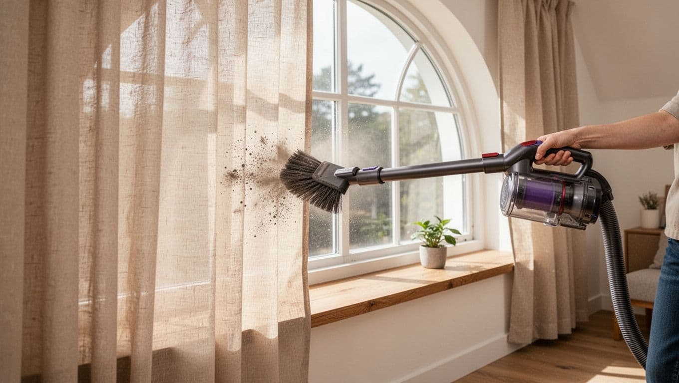 特殊窗型訂製窗簾會貴多少?轉角窗、弧形窗費用解析 A bright, tidy home interior shows gentle curtain maintenance with a close-up of soft beige curtains on a curved arched window being lightly dusted using a soft brush attachment on a vacuum cleaner.