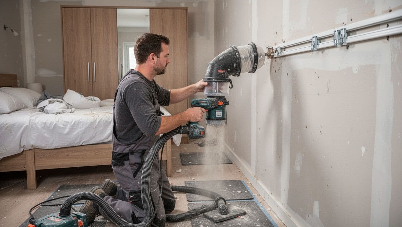 A worker drills into a bedroom wall for curtain track installation using an electric drill with a shop vacuum dust collection hood, capturing all fine dust with protective pads on the floor and no mess on surfaces.