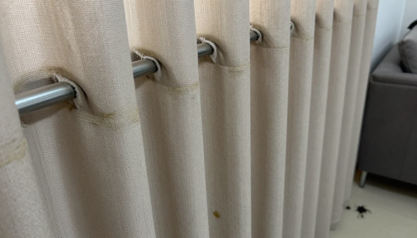 Photorealistic close-up of cheap beige polyester curtains in a Taiwanese home, featuring heavy dust, faded colors, mold spots, greasy stains, fraying threads, and uneven bunching on a bent metal track. Softly blurred living room background with pet hair emphasizes the worn, unclean mood under natural indoor lighting.